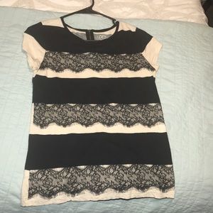 Ann Taylor Loft Lace and Tan Black Stripe Tee -S